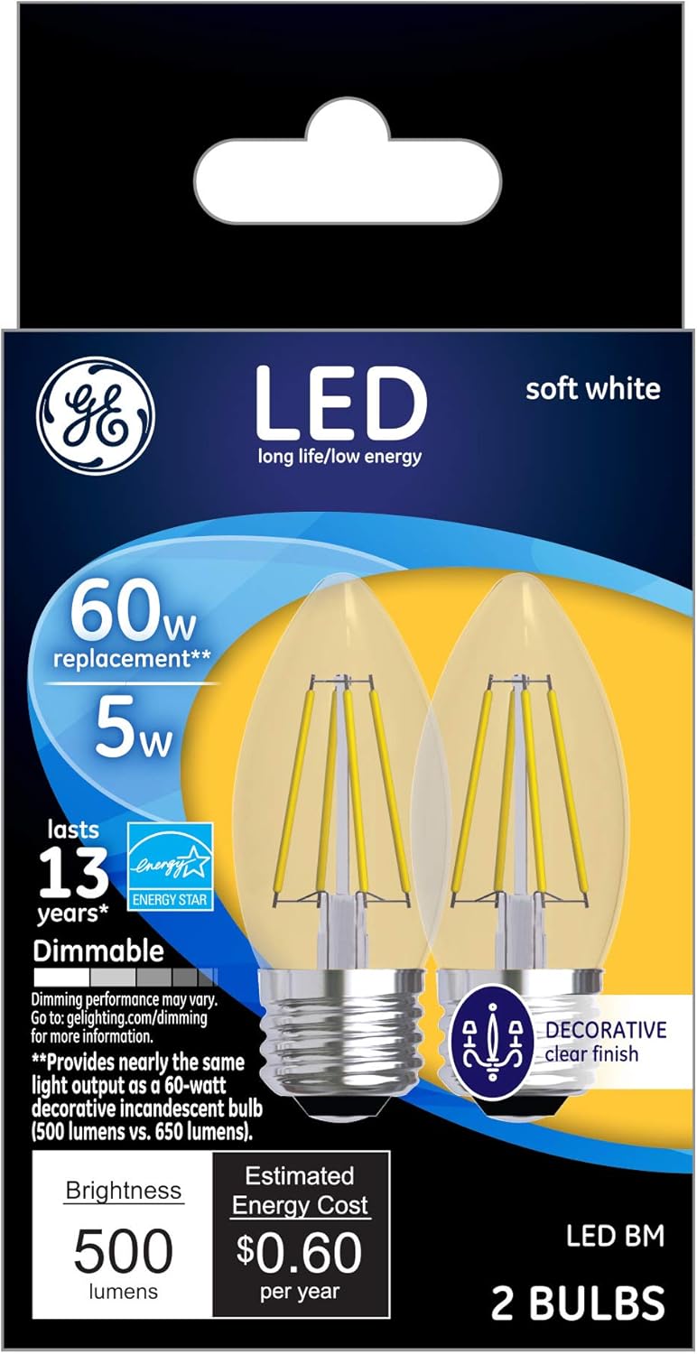 GE LED Blunt Tip Decorative Light Bulbs, BM, 5-Watt (60-Watt Replacement), 500 Lumen, Soft White, Clear, Medium Base, 12-Pack Chandelier Light Bulbs