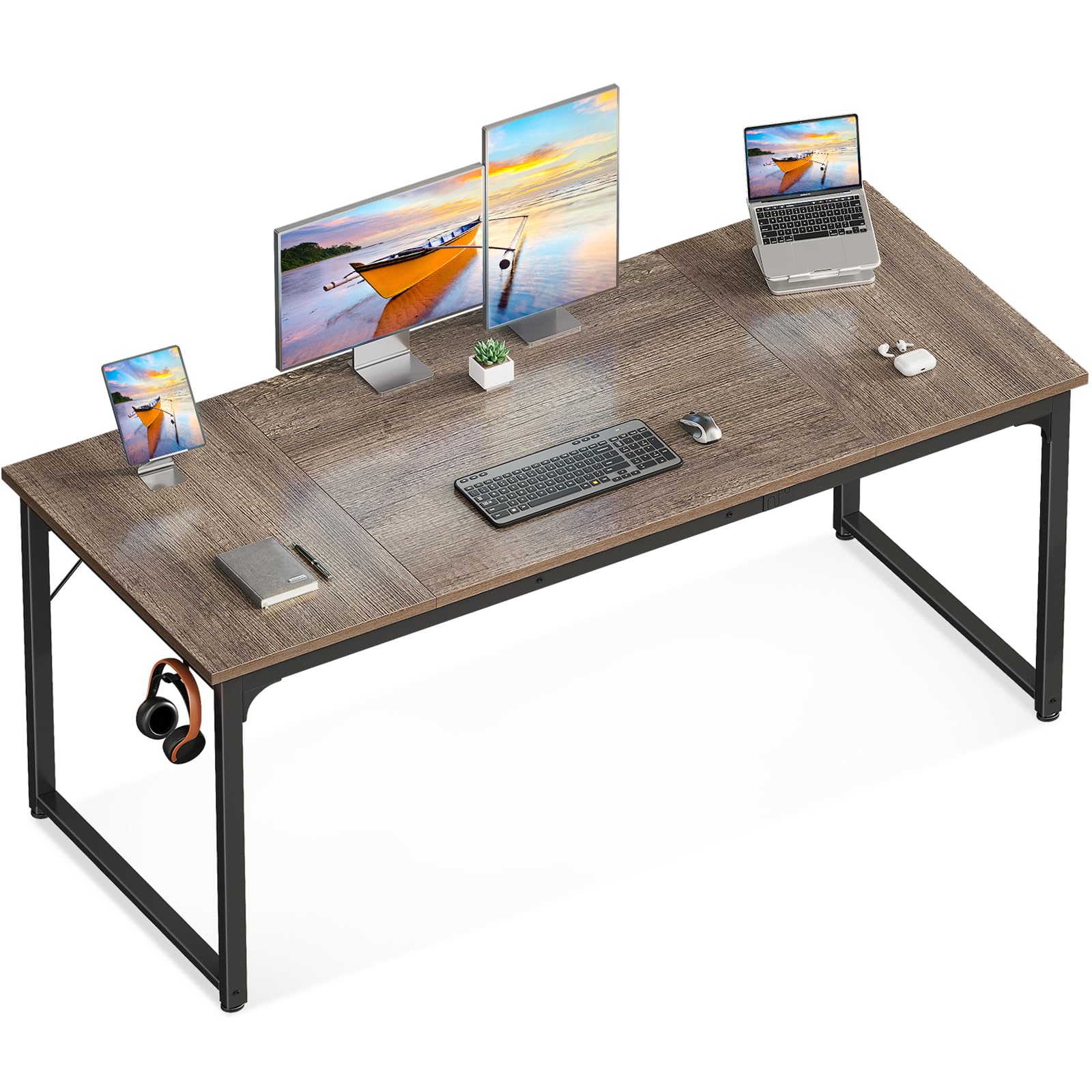 Casaottima 63 Inch Computer Desk for Home Office, Study Writing Table for Small Spaces, Simple Modern Desk with Headphone Hooks, Grey Oak