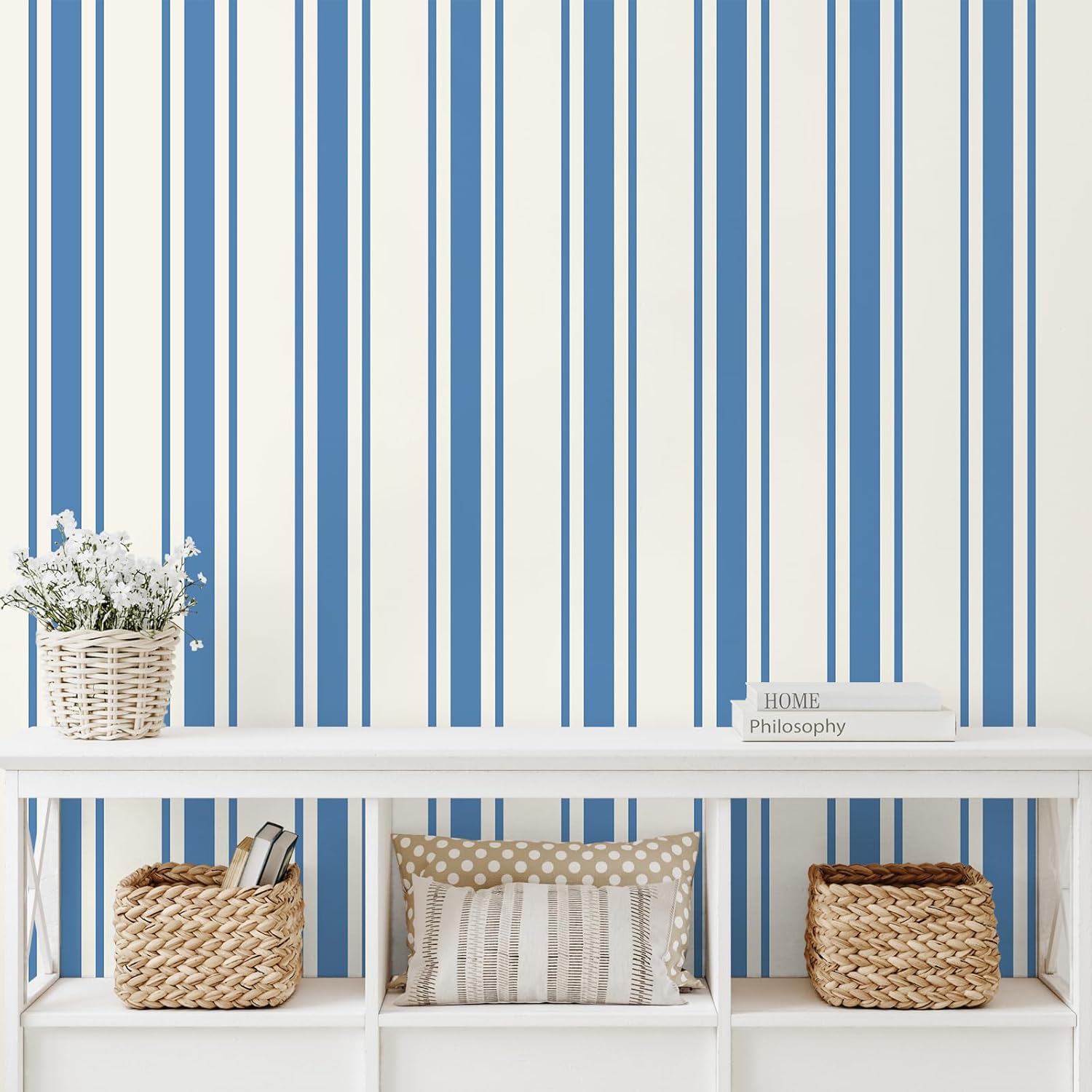 VEELIKE 17.7''x354'' Coastal Blue and White Striped Wallpaper Peel and Stick Vintage Stripes Contact Paper for Cabinets Accent Walls Removable Prepasted Blue Art Deco Wallpaper for Bedroom Bathroom