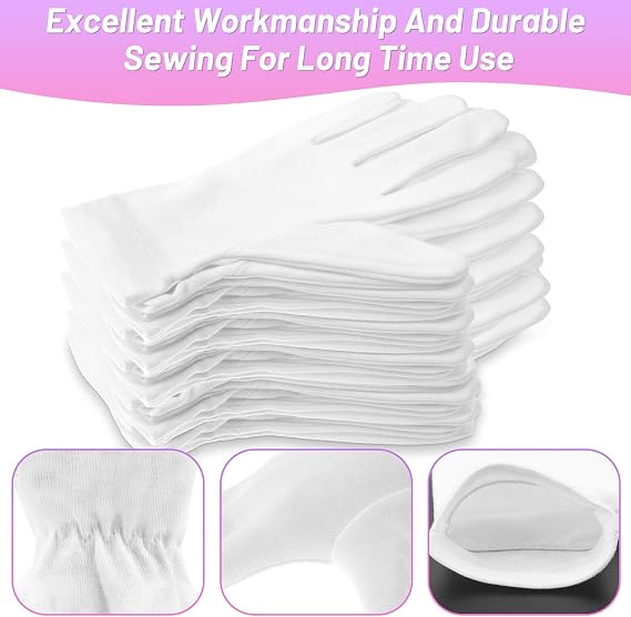 Selizo 12 Pairs 100% White Cotton Gloves for Eczema, Moisturizing Gloves for Dry Hands Overnight Women, Moisture Sleeping Spa Lotion Hand Cream Gloves for Eczema Dry Cracked Hands Sensitive Skin
