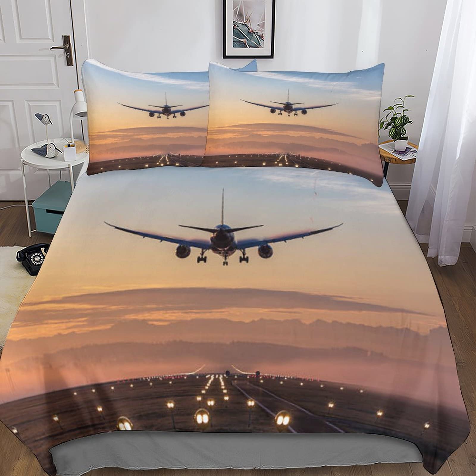 Housse de couette 200x200 cm aéronefs 3D en microfibre douce avec taie d'oreiller pour lit enfant