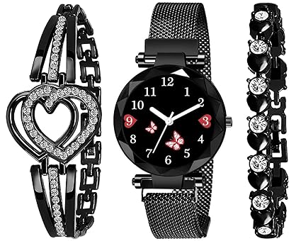 RUSTET Analogue Black Dial Magnet Watch with Gift Bracelet for Women or Girls(Combo of 3)