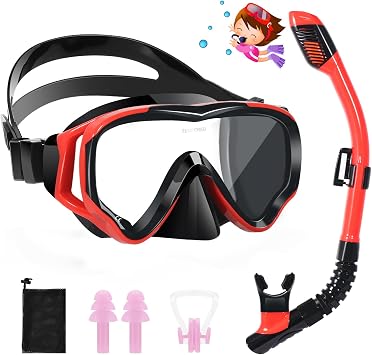 Kids Snorkel Set4-16 Years,180 Panoramic View Diving Mask With Tempered Glass Lenses,Anti-fog and Anti-leak Children's Diving Goggles,Adjustable Silicone Strap,Includes Earplug and Nose Clip