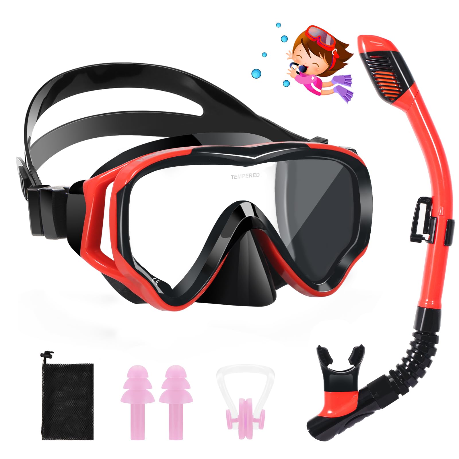 HIKOTEY Children's Snorkel Set,Panoramic Wide View Diving Mask,Snorkeling Gear Anti-Leak and Anti-Fog Tempered Glass Lens,Dry Snorkel Tube,Includes Earplugs and Nose Clip for Age 4-16 Years(Red+Black)