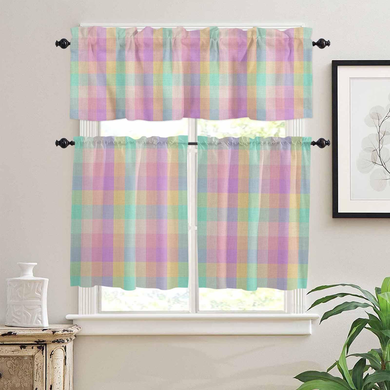 Pink Blue Plaid Kitchen Curtains 36 Inch Length,3 Piece Rod Pocket Small Half Tiers and Valance Set,Buffalo Checkered Modern Gingham Lattice Small Large Window Treatment Decor for Bedroom/Bathroom