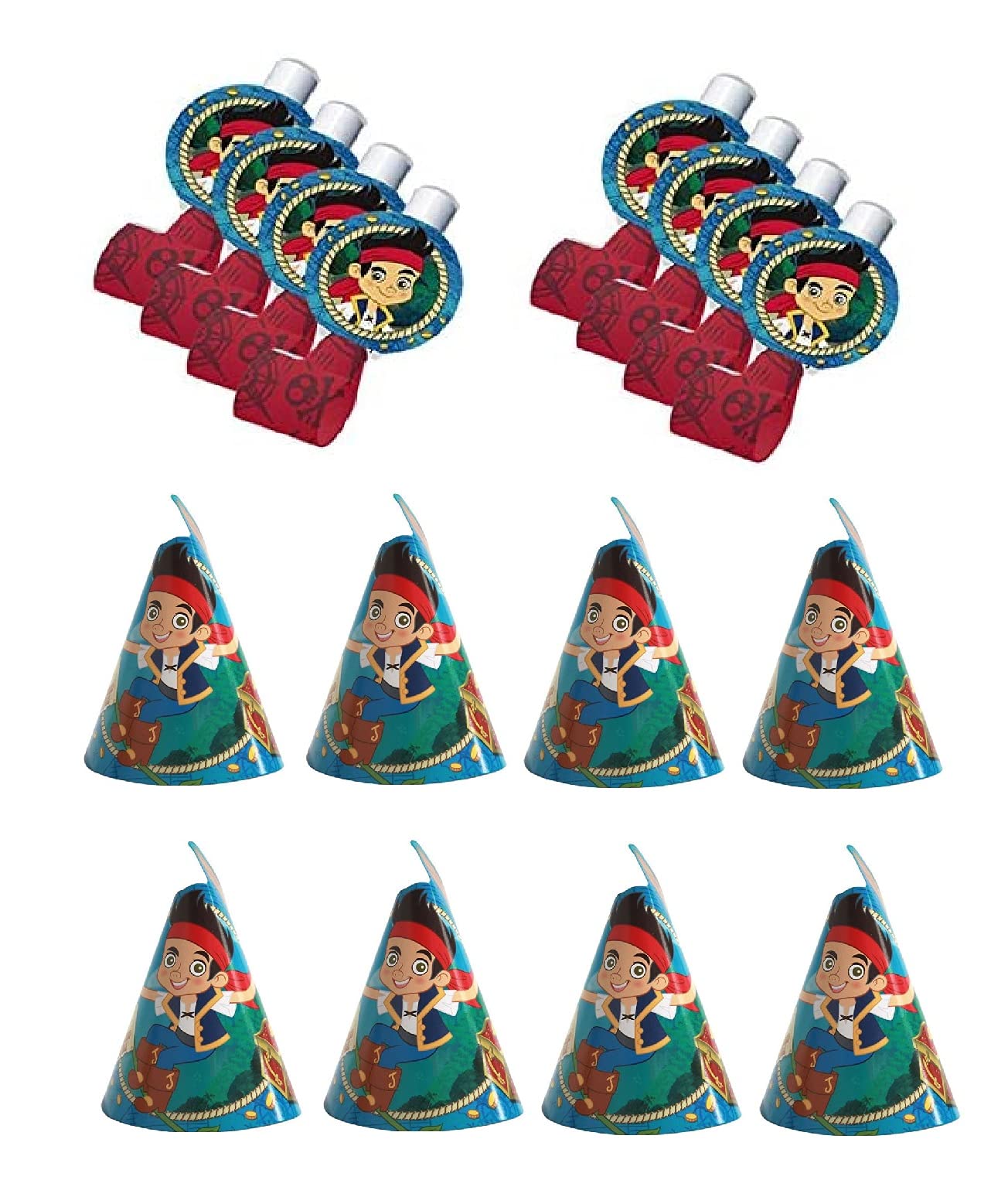 Jake and The Neverland Pirates Birthday Party Supplies Decoration Bundle Includes 8 Party Hats and 8 Party Blowouts Blue