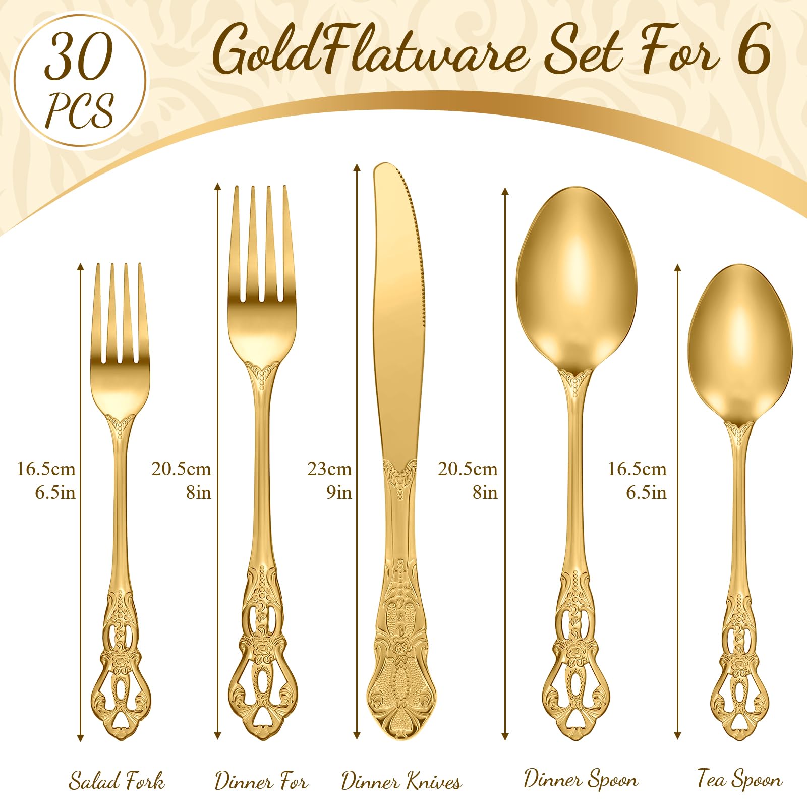 Dandat 30 Pcs Retro Silverware Set Service for 12 Vintage Stainless Steel Flatware Set Luxury Cutlery Family Dinnerware Set Include Spoon Fork Knife for Dinnerware Wedding Birthday Party Favor(Gold)