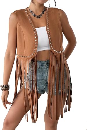 Womens Fringe Vest 60s 70s Hippie Vest Sleeveless Cowgirl Western Faux Suede Tassel Leather Jacket Hippie Party