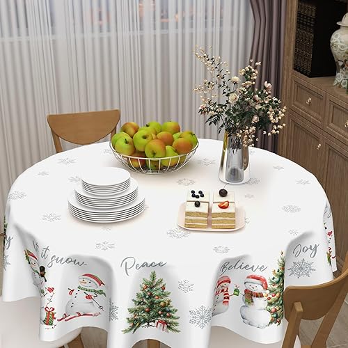 Miniatura 6 de Mantel de Navidad de invierno, diseño de muñeco de nieve blanco de invierno, mantel redondo de árbol de Navidad de 60 pulgadas, diseño de copos de