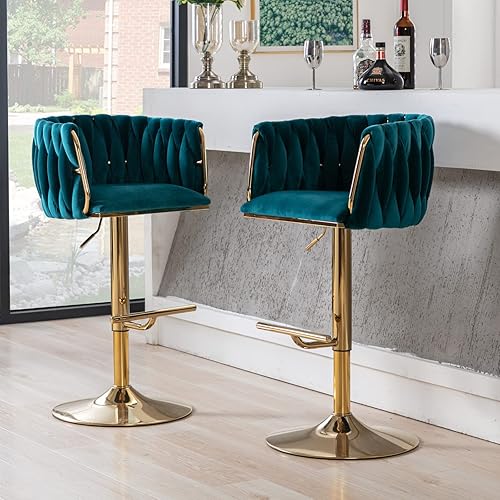 Miniatura 1 de LukeAlon Juego de 2 taburetes modernos de terciopelo para mostrador, giratorios de 360 de 26 pulgadas de altura de asiento bajos con patas doradas,