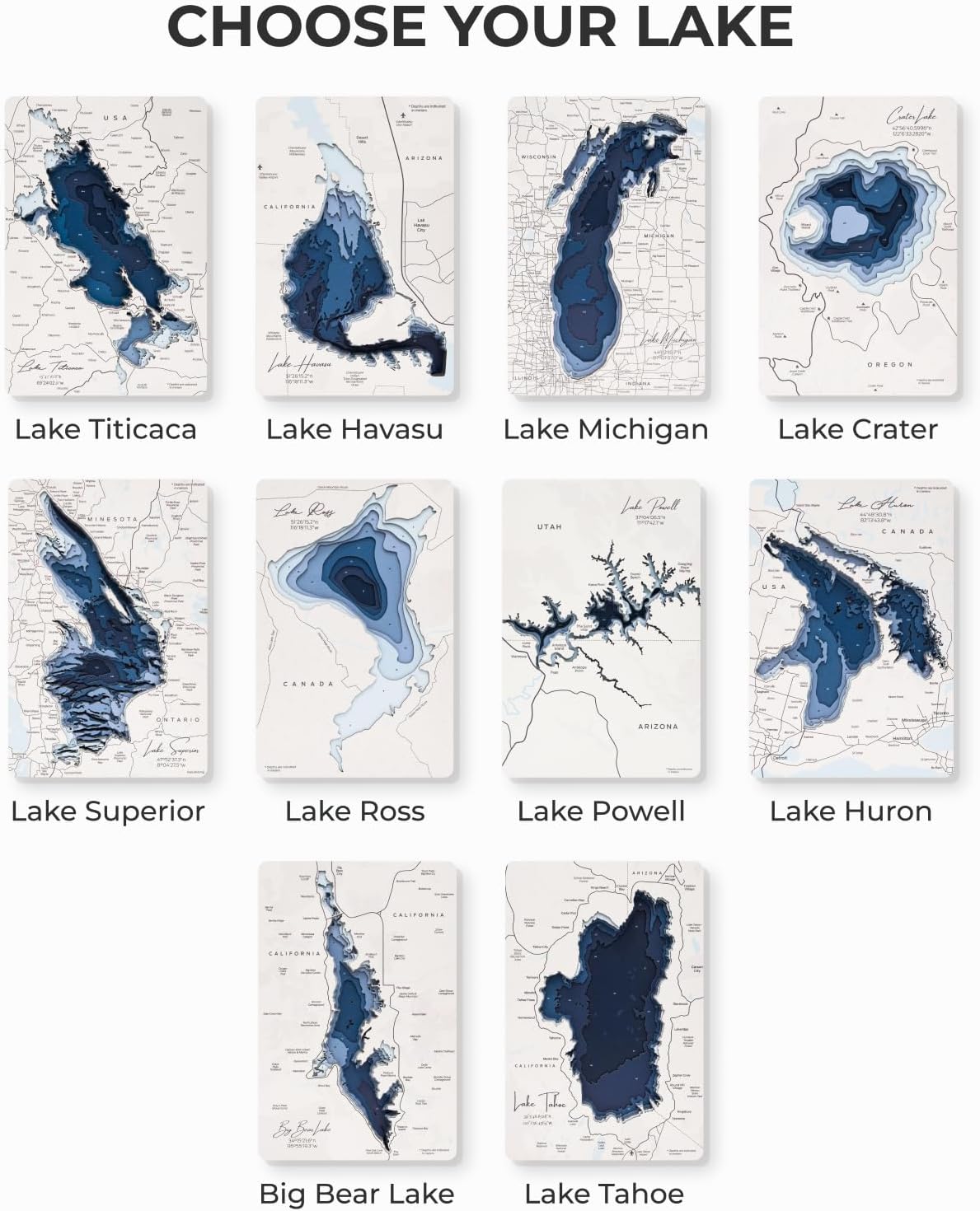 Wooden Lake Plan House Decor Wood Lake Map Wall Decoration Multilayer Artwork US Lakes Travel Handmade Gift Housewarming (Big Bear Lake, X-Large)