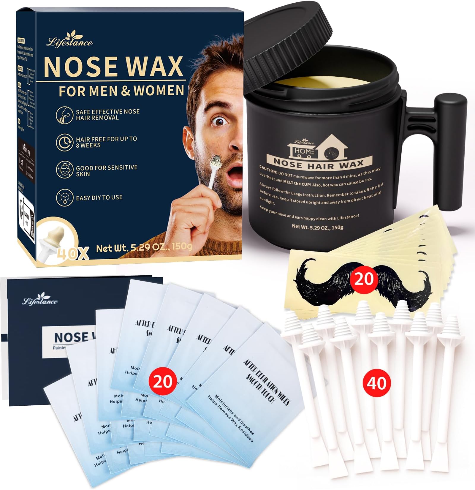 Lifestance Nose Waxing Kit for Men | 150g Nose Hair Wax with 40x Professional Stick | Ear Hair Wax Removal for Men and Women (25-30 Times Usage)