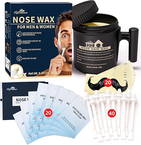 Lifestance Kit de cera de nariz masculino | 150 g | Kit de cera de cabelo nasal de grande capacidade com 40 aplicadores, 25 a 30 usos | Kit de cera de nariz para mulheres | Kit de depilação de pelos