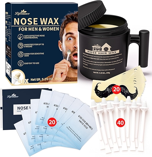 Lifestance Kit de cera de nariz masculino | 150 g | Kit de cera de cabelo nasal de grande capacidade com 40 aplicadores, 25 a 30 usos | Kit de cera de nariz para mulheres | Kit de depilação de pelos