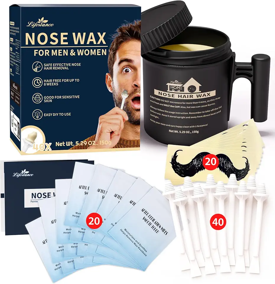 Lifestance Kit de cera de nariz masculino | 150 g | Kit de cera de cabelo nasal de grande capacidade com 40 aplicadores, 25 a 30 usos | Kit de cera de nariz para mulheres | Kit de depilação de pelos