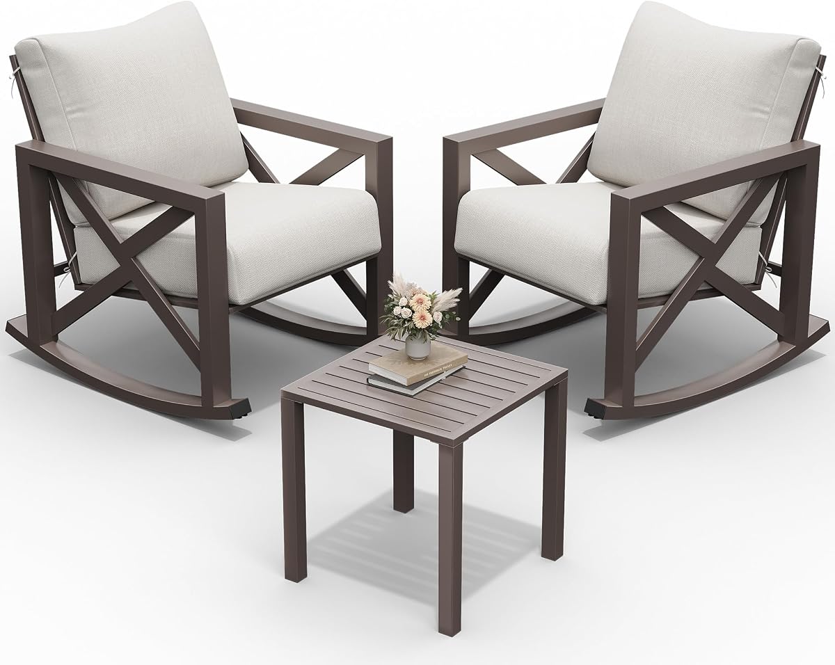 UDPATIO Rocking Chair Outdoor Oversized Metal Bistro Set 6.5" Cushion Beige | 3 Pcs Premium Fabric Water-Resistant Cushions 350lbs Heavy-Duty for Porch, Patio, Balcony