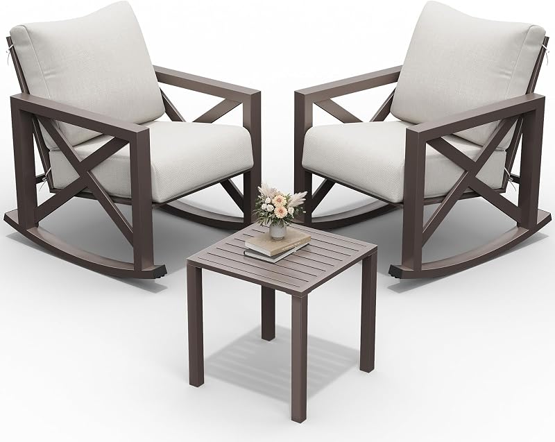 UDPATIO Rocking Chair Outdoor Oversized Metal Bistro Set 6.5" Cushion Beige | 3 Pcs Premium Fabric Water-Resistant Cushions 350lbs Heavy-Duty for Porch, Patio, Balcony