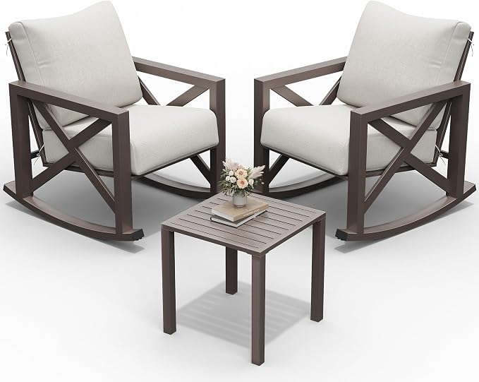 UDPATIO Rocking Chair Outdoor Set 2 with Coffee Table, 3 Piece Metal Rocking Bistro Set with 6.5" Water-Resistant Cushions, Oversized, 350lbs Heavy-Duty, for Porch, Patio, Balcony, Beige