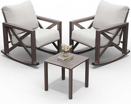 UDPATIO Rocking Chair Outdoor Set 2 with Coffee Table, 3 Piece Metal Rocking Bistro Set with 6.5" Water-Resistant Cushions, Oversized, 350lbs Heavy-Duty, for Porch, Patio, Balcony, Beige