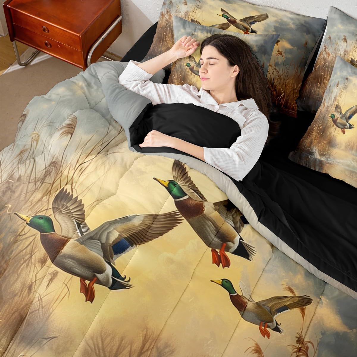 Erosebridal Wild Ducks Bed in A Bag Twin Size Mallard Duck Hunting Bedding Set for Kids Teens Adult Waterside Country Rustic Comforter Set with Bed Sheets Boys Baby Forest Woodland Sheets with Quilt