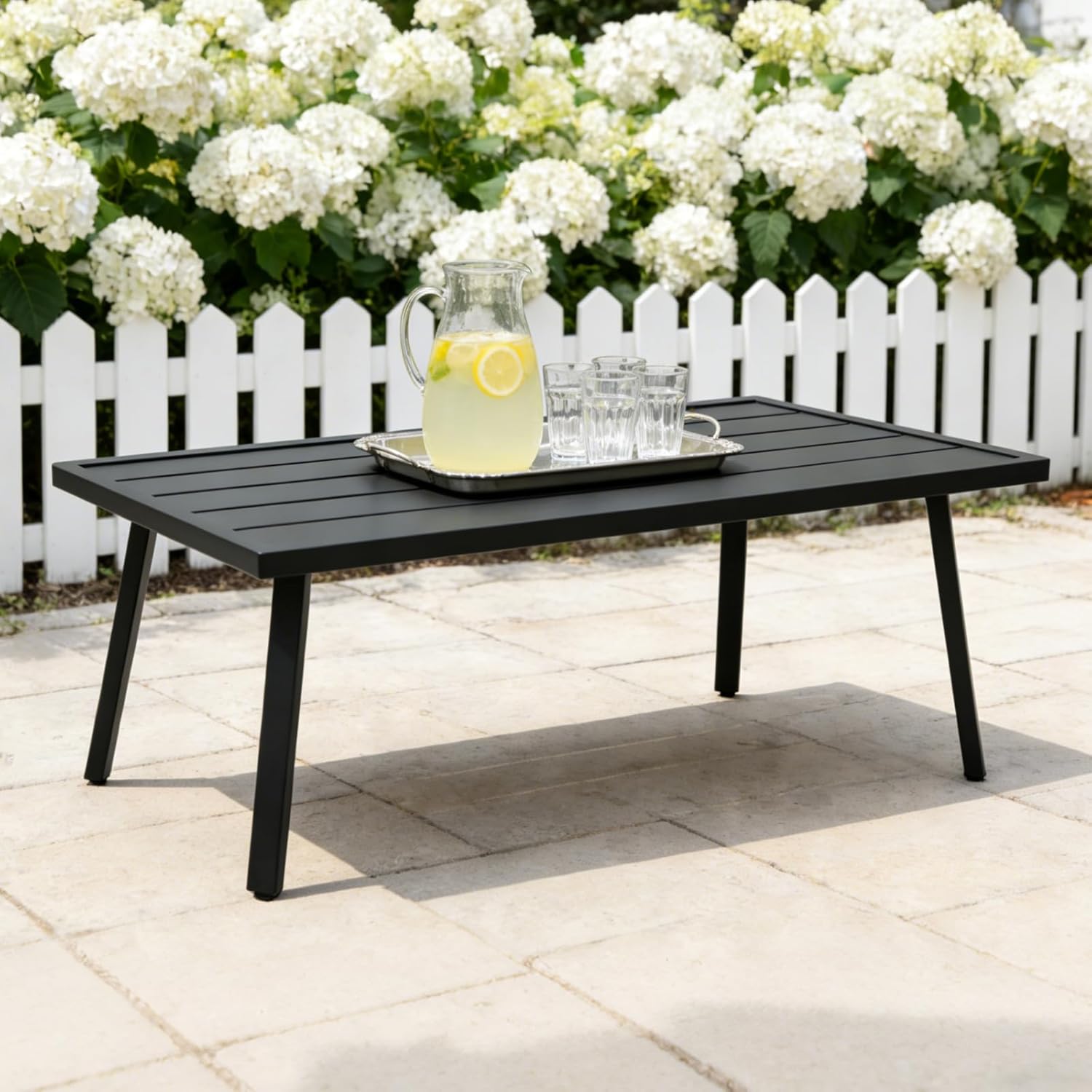 Patio Coffee Table, Rectangle Outdoor Coffee Table with Wood Grain Tabletop for Patio, Balcony and Garden, Black