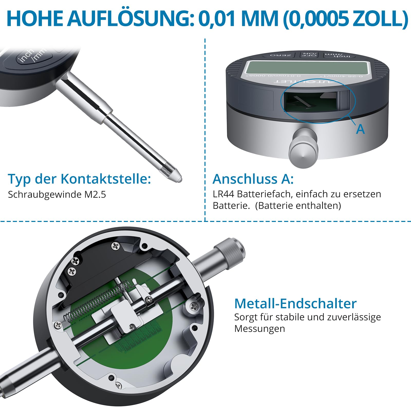 AUTOUTLET Digital Messuhr und Magnetfuß mit Zentralklemmung 25cm 132lbs/60kg Maximale Zugkraft, 0-25,4mm/1'' Messtaster Zoll/Metrische Umrechnung, Magnet Messuhrhalter, für Labor Werkstatt 3D Drucker