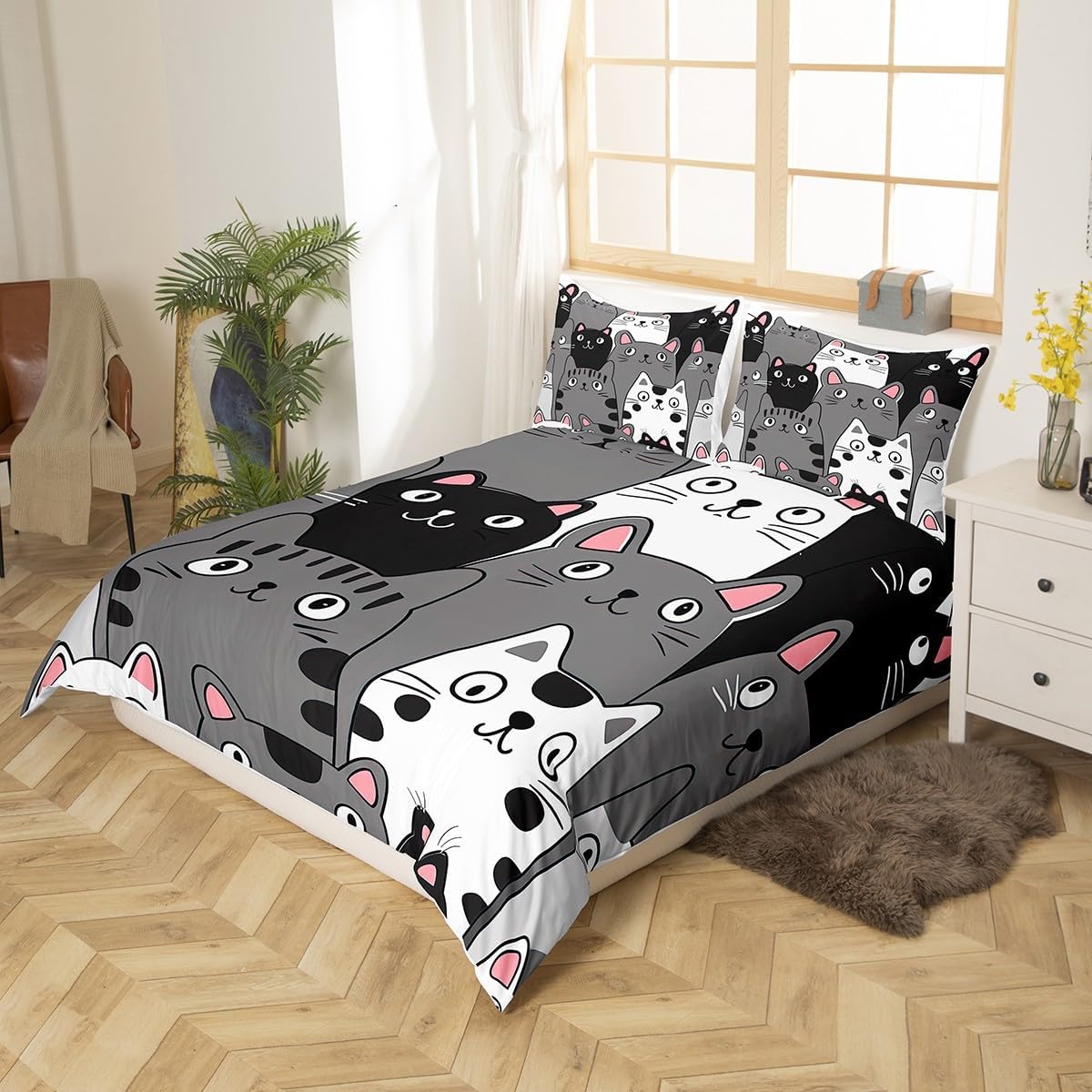Erosebridal Cartoon Cat Bedding Set Cute Animal Duvet Cover for Kids Child Boys Girls, Lovely Kitten Comforter Cover Balck White Grey Quilt Cover Funny Cat Lover Bedroom Decor Full Size