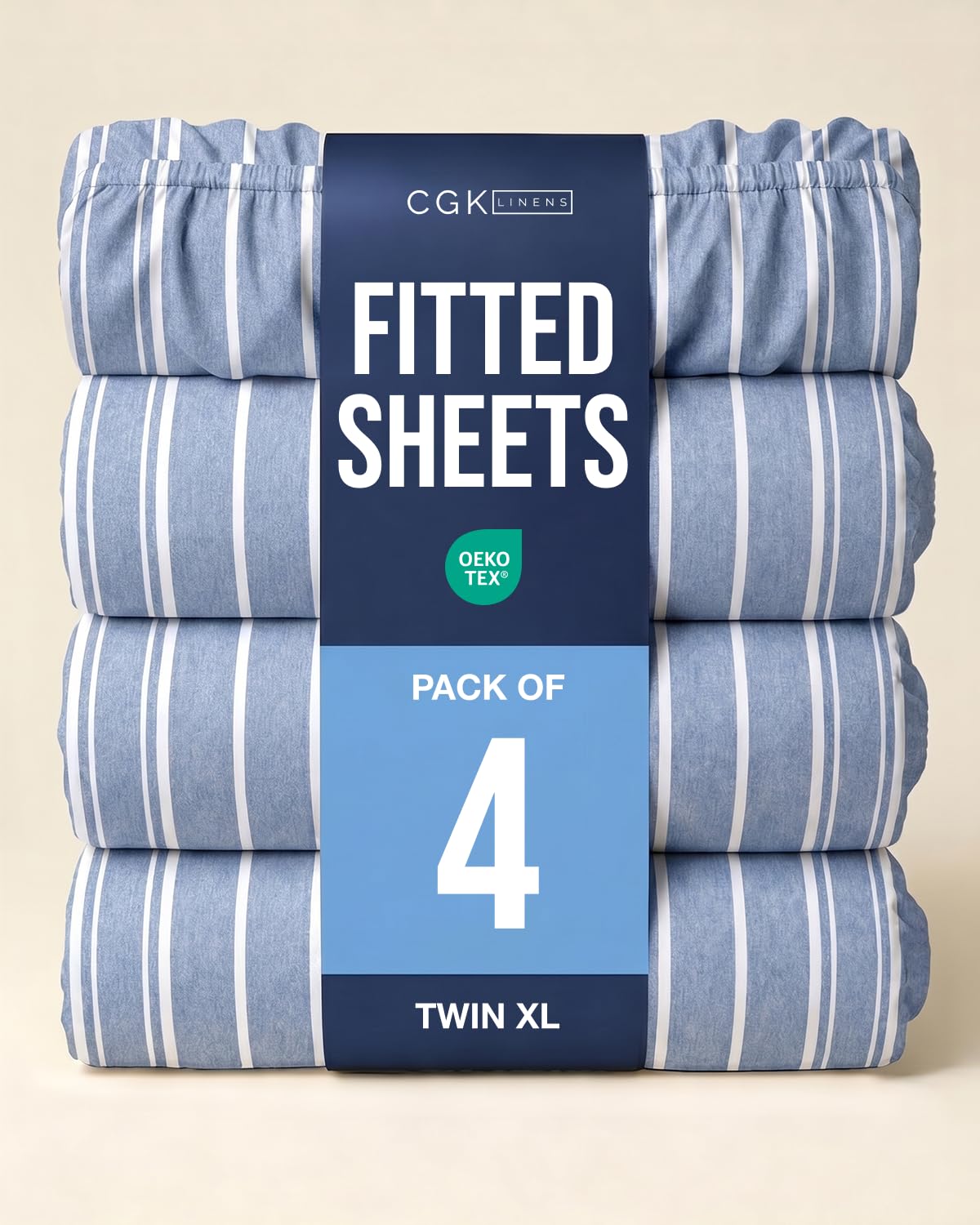 Twin XL Fitted Sheet - Pack of 4 College Dorm Essentials - Blue Stripes