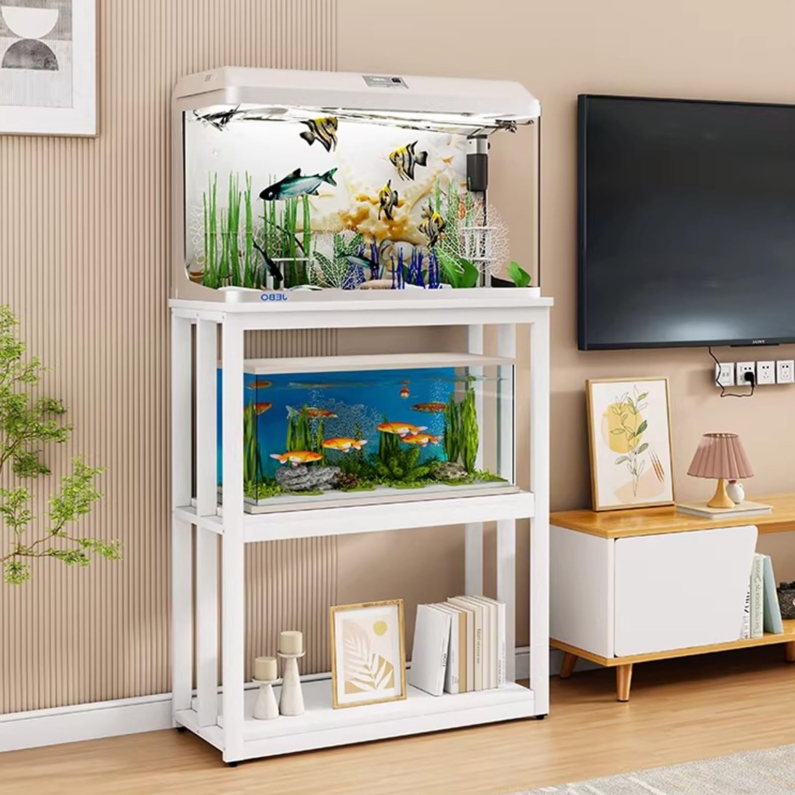Meuble bas d'aquarium robuste dans le salon pour terrarium de reptile