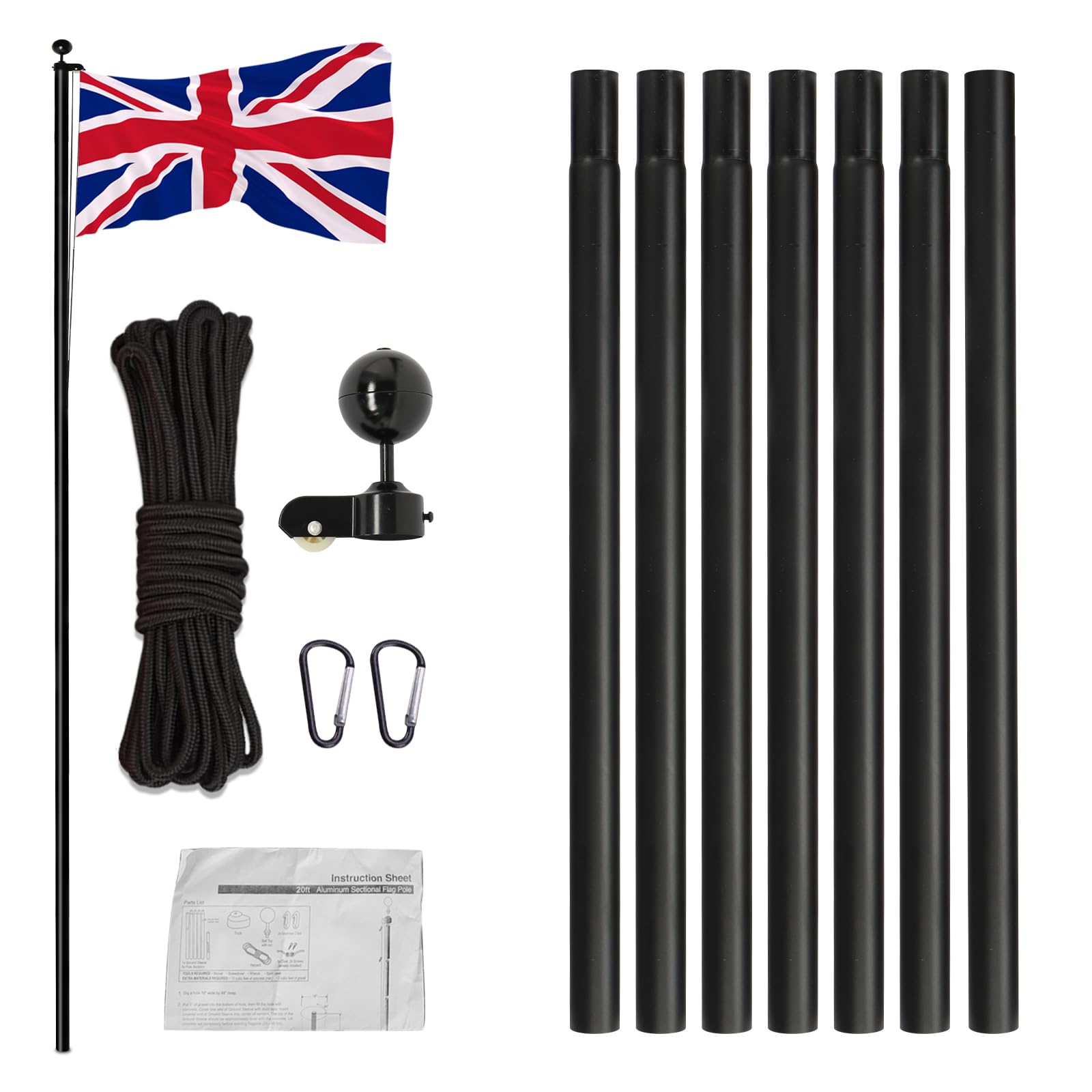 HOBBYZOO 20FT Sectional Flagpole, Adjustable Aluminum Outdoor Flagpole with UK National Flag, Black Ball Finial, Suspension Rope for Residential and Commercial Courtyards, Black