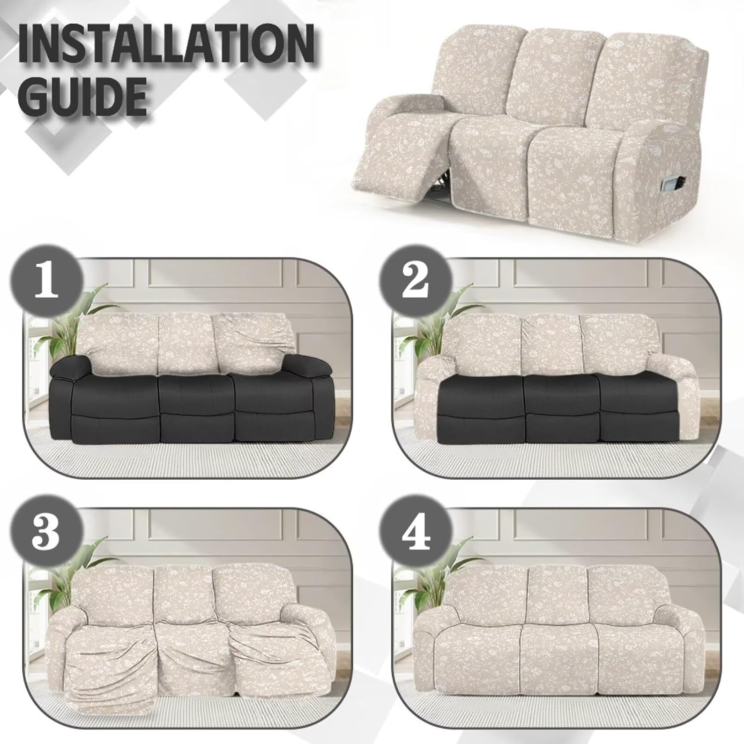 Flower Recliner Cover for 3 Cushion Reclining Sofa, Stretch Beige Recliner Couch Covers with Storage Pockets Set of 8, Soft Washable Furniture Protector for Pets