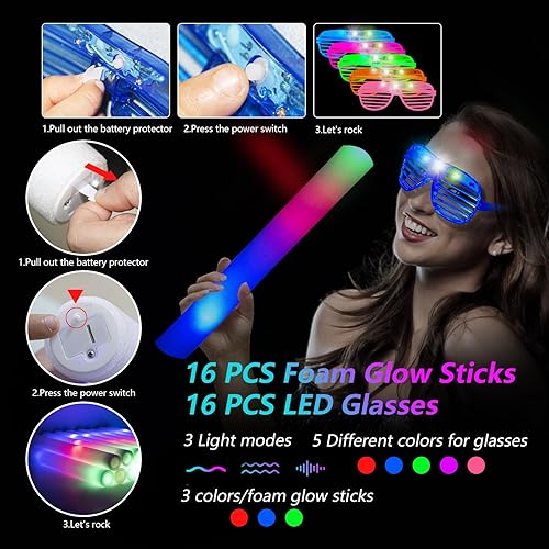 Miniatura 6 de 148 piezas de suministros de fiesta que brillan en la oscuridad, 16 varillas brillantes de espuma, 16 lentes LED y 100 pulseras de palillos