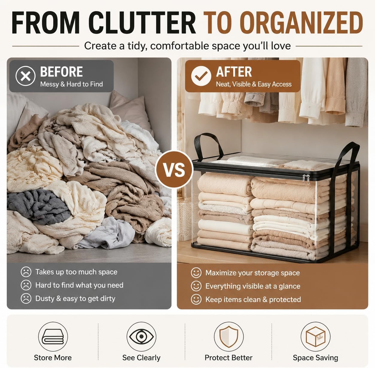 Large Clear Storage Bag, 30x25x25cm Thick PVC Organizer for Clothes, Bedding & Moving. Dustproof Transparent Container with Heavy-Duty Handles & Double Zipper (2,Black,30 × 25 × 25 cm)