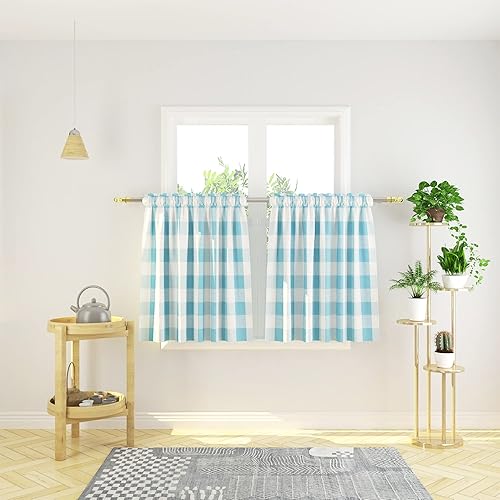 Miniatura 48 de Cortina ajustable con cenefa para ventana de cocina Buffalo Check, a cuadros, gingham, estilo granja, con bolsillo para barra, para baño, 42 x 45