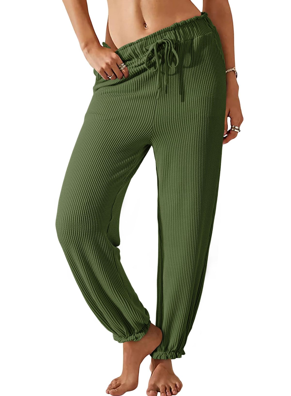 Dokotoo Womens Casual Pants Drawstring Textured 2024 High Waisted Ribbed Fall Long Carrot Baggy Trousers with Pockets