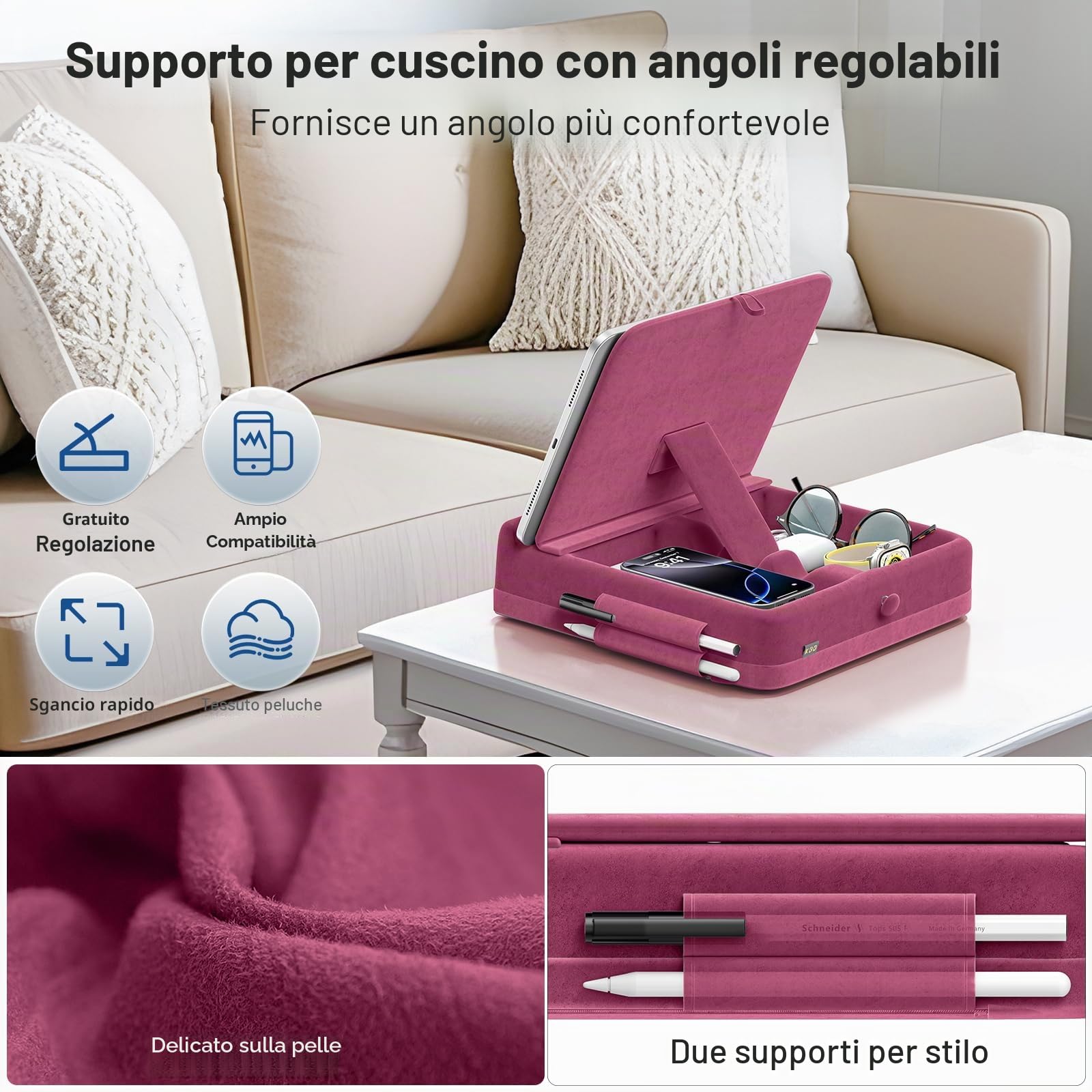 KDD Porta Tablet da Letto con Magazzino Pieghevole, Supporto Angolo Regolabile per iPad Pro 12.9, 10.5, Mini, Viola