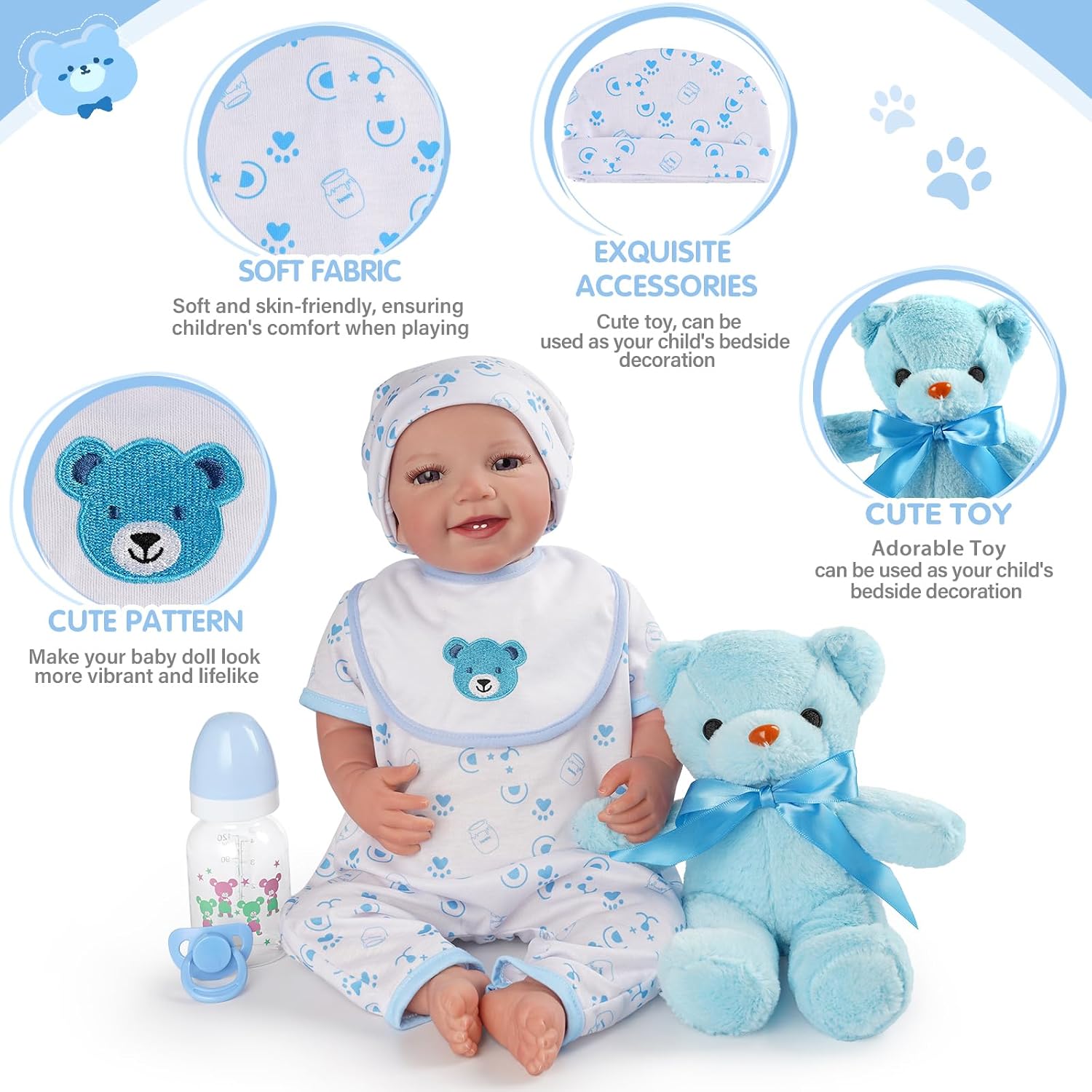 BABESIDE 9 Pcs Reborn Baby Doll Clothes Set for 17-22 Inch Dolls, Reborn Baby Dolls Accessories Doll Bassinet with Bottle Pacifier for Realistic Babydolls, Blue