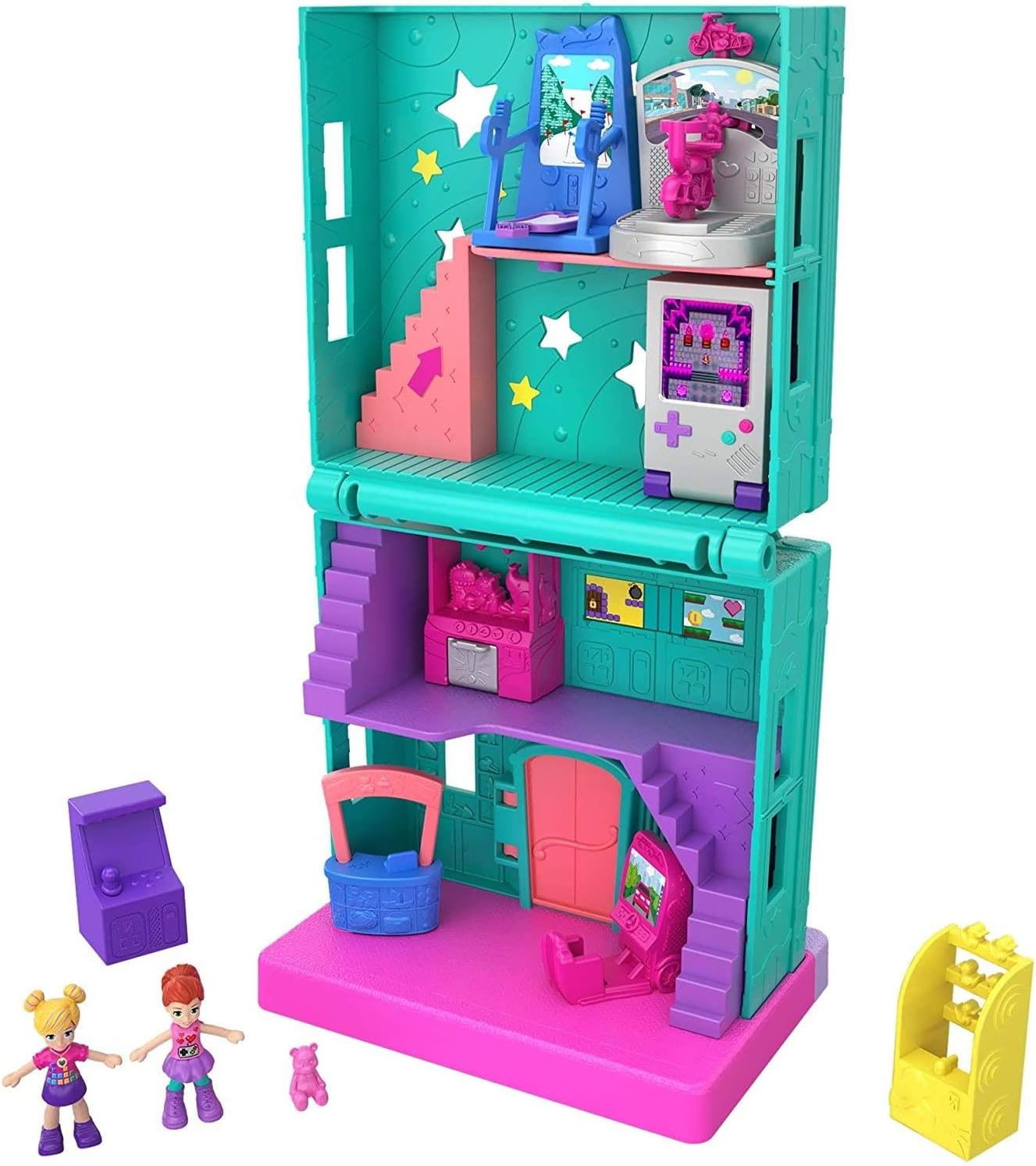 A child's hands interacting with the Polly Pocket Pollyville Arcade Playset, placing a mini-figure on an accessory