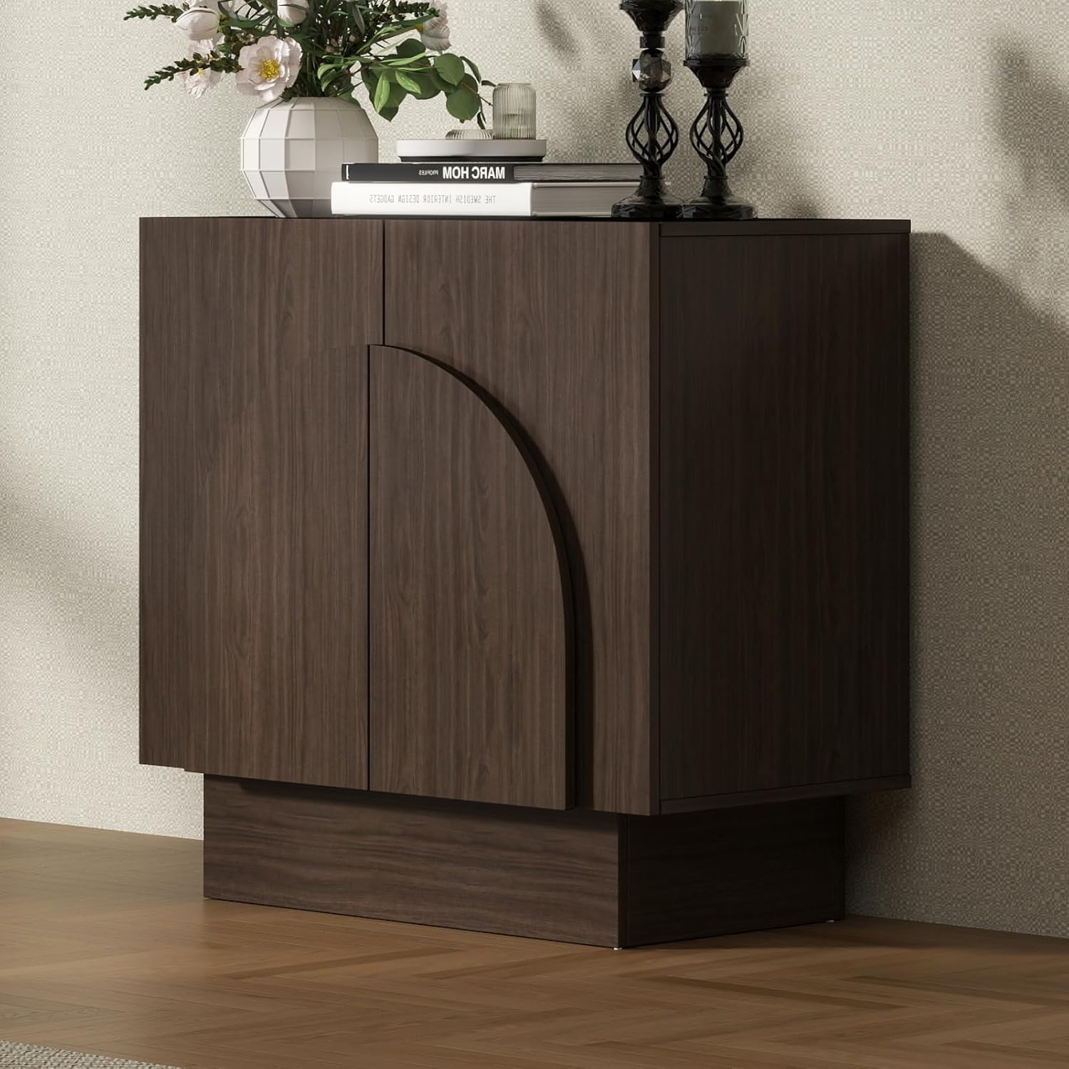 CIMOTA Walnut Sideboard Buffet Cabinet with Storage, Modern Coffee Bar Cabinet Credenza with Arched Doors, Farmhouse Accent Wooden TV Stand Media Console Table for Living Room/Hallway,1PC