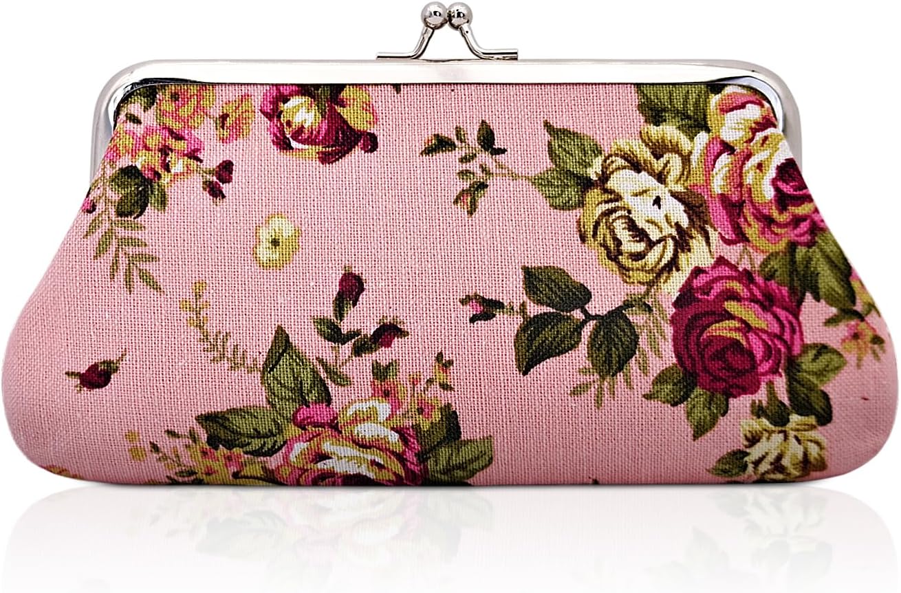 Coin Purse for Women, Canvas Coin Wallet Coin Pouch for Women, Kiss Lock Change Pouch Wallet with Rose Pattern for Shopping, Dating, Travel, Work (pink)