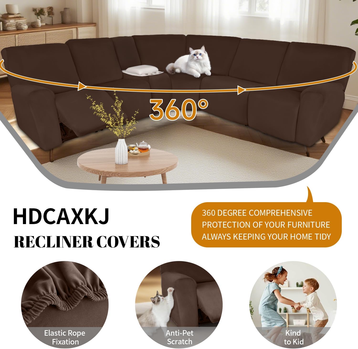 HDCAXKJ Reclining Sectional Couch Covers Velvet L Shaped Sectional Sofa Cover Washable Stretch Soft Corner Recliner Slipcover with Non-Slip Elastic Bottom (XL 5 Seat and 1 Middle Console, Nut Brown)