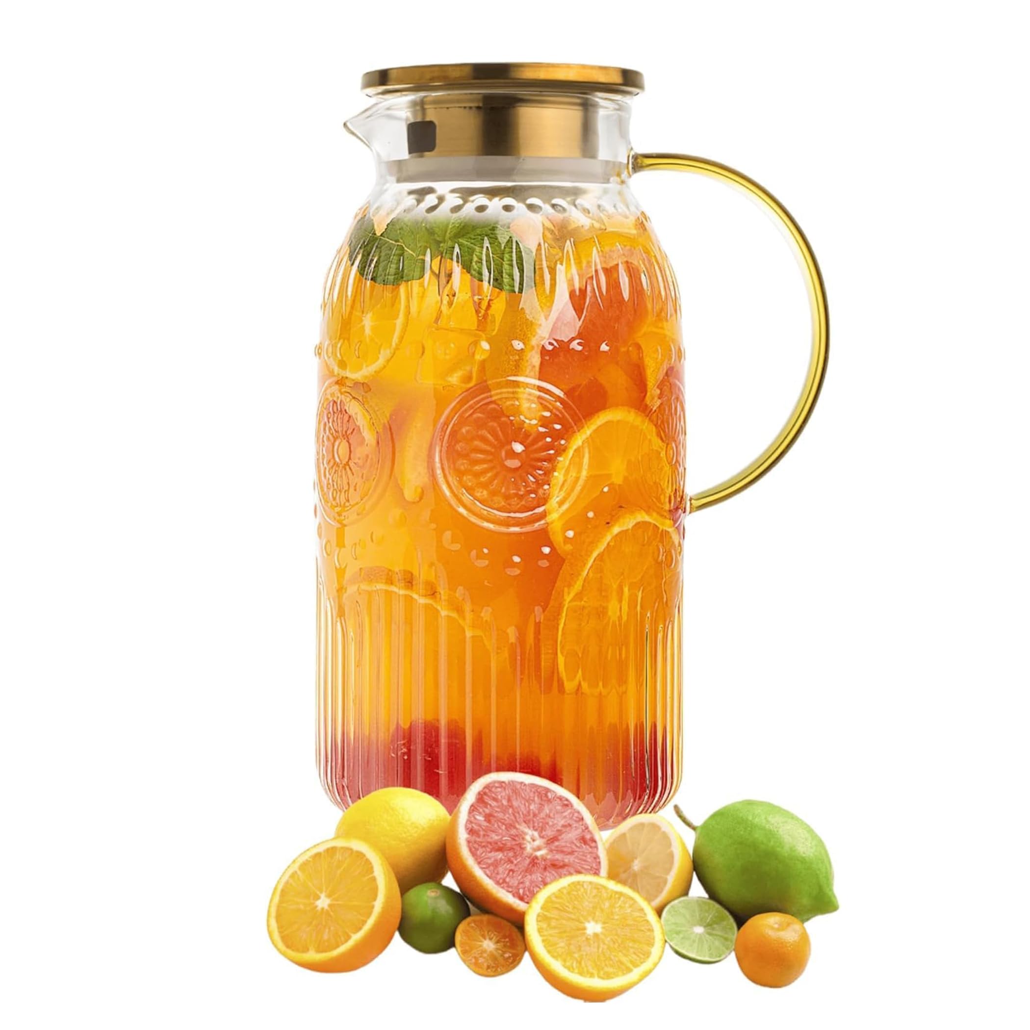 2 Litres Carafe en Verre, Pichet en Verre avec Acier Inoxydable Couvercle Bec Verseur Anti-Fuites, Résistante à la Chaleur Carafe Eau pour Chaude Boisson Maison Vin de Service Thé Glacé