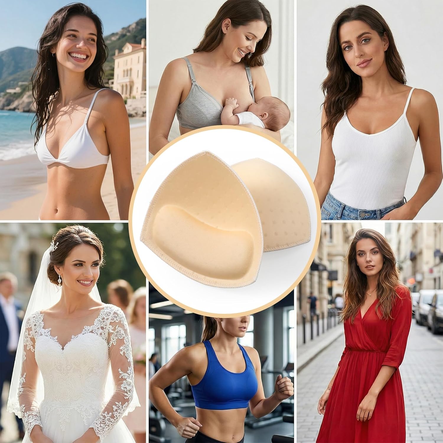 3 Pairs Bra Pads Inserts, Breathable Triangle Bra Pads Removable Breast Enhancers Inserts Bras Padding Sew in Bras Cups for Dresses Swimsuit Bathing Suit Nude B/C Cup