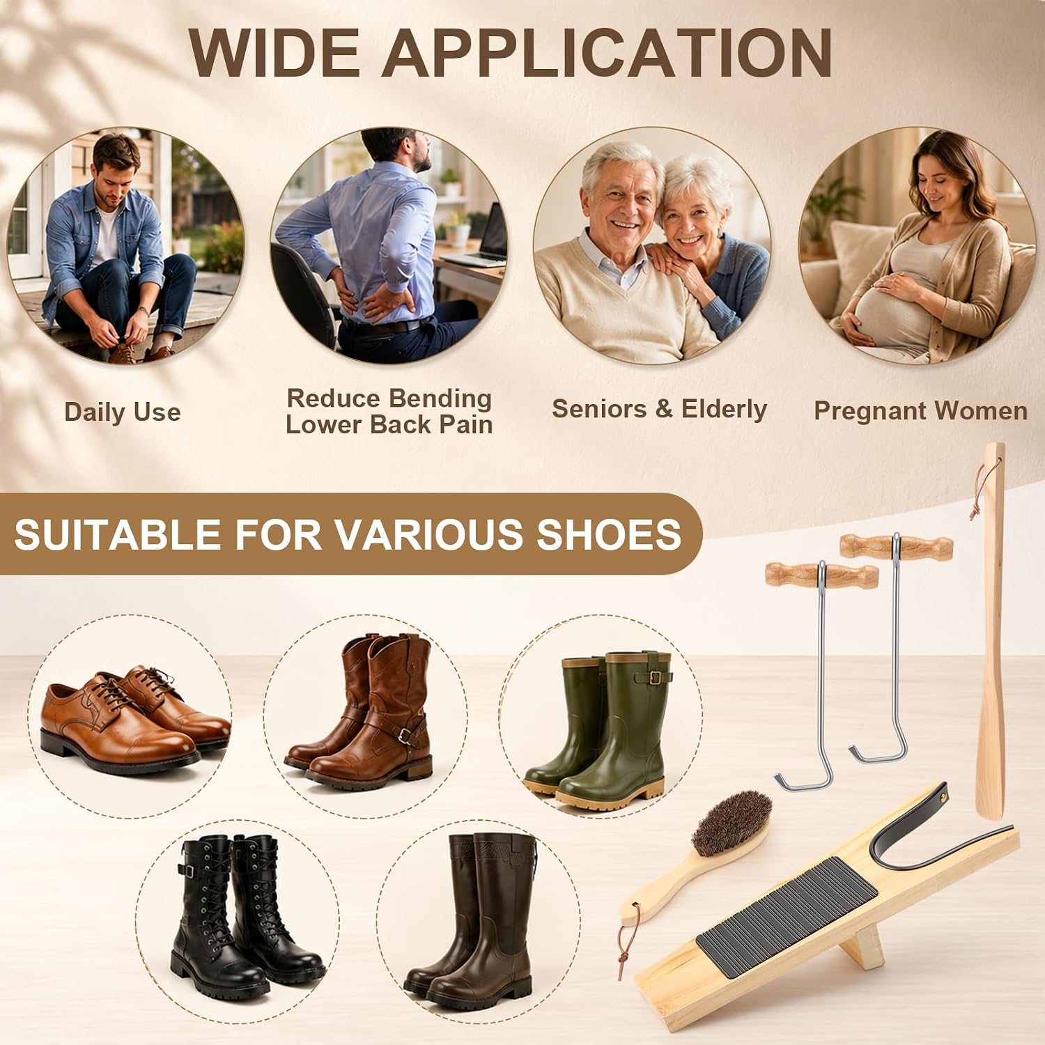 FoldTier 4 Pcs Wooden Boot Hooks Metal Boot Puller Set with Long Shoes Pull Shoe Brush Boots Accessories for Men and Women
