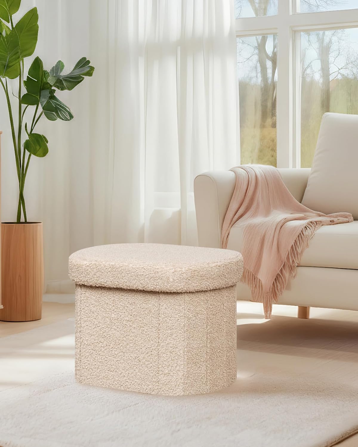 B FSOBEIIALEO Storage Ottoman for Dorm Room, Boucle Folding Storage Ottoman Foot Rest, 16.14 Inches Small Collapsible Ottoman Cube for Living Room Beige - Image 9