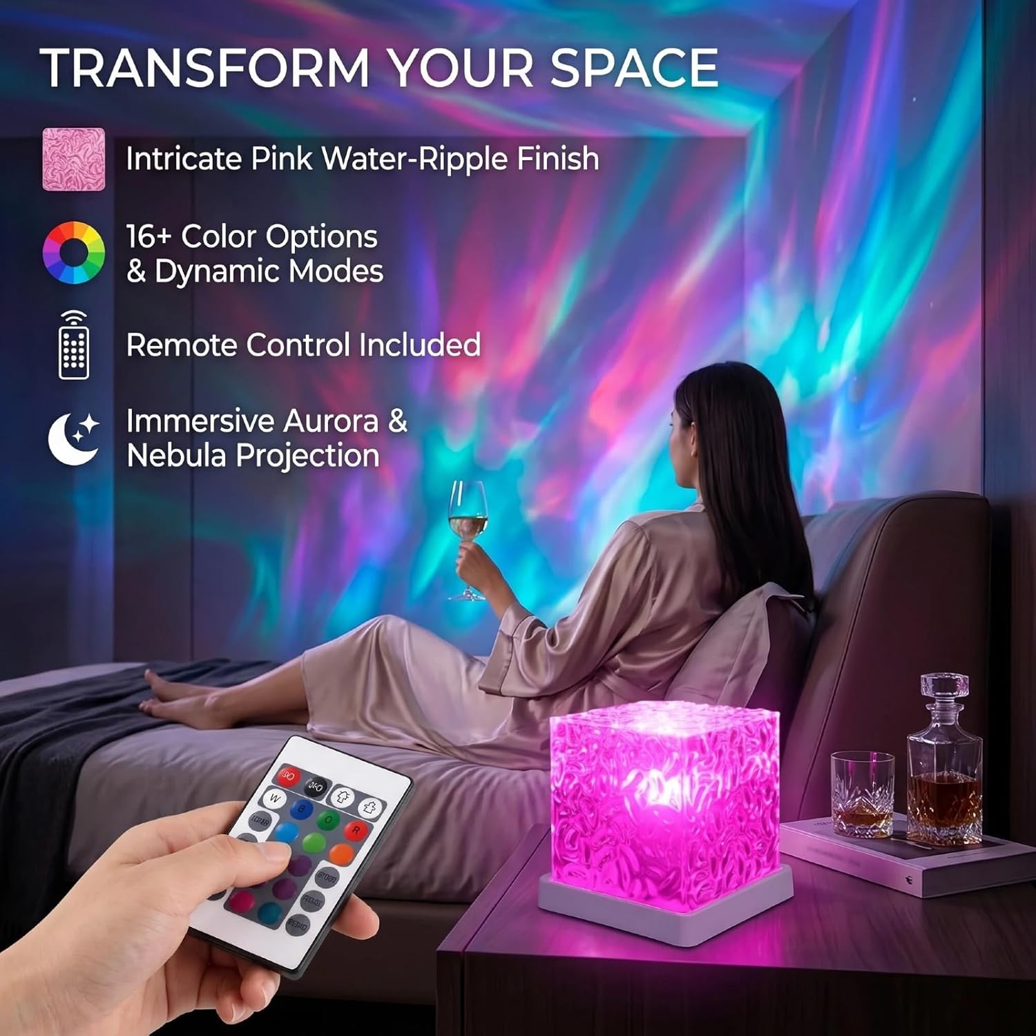 Rechargeable Ocean Wave Projector Light, 16 Color Changeable & Dimmable Shower Lamp with Remote, Cube Mood Ambient Lighting, Ocean Room Decor, Cordless Night Light for Bathroom, Room Decor