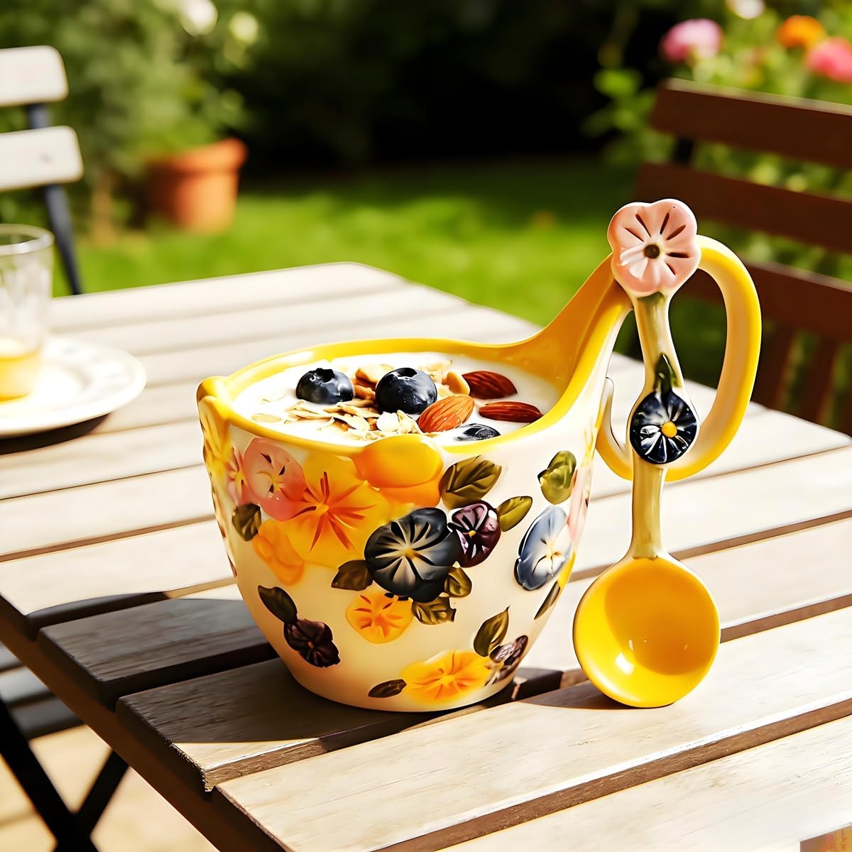 15.87 Oz Microwavable Soup Bowl with Handle, Handmade Iris Flower Relief Decorative Soup Bowls with Handles, Ceramic Soup Bowl with Spoon for Holding Fruits Cereal Snack, Chili, Ice Cream, Stew, Salsa