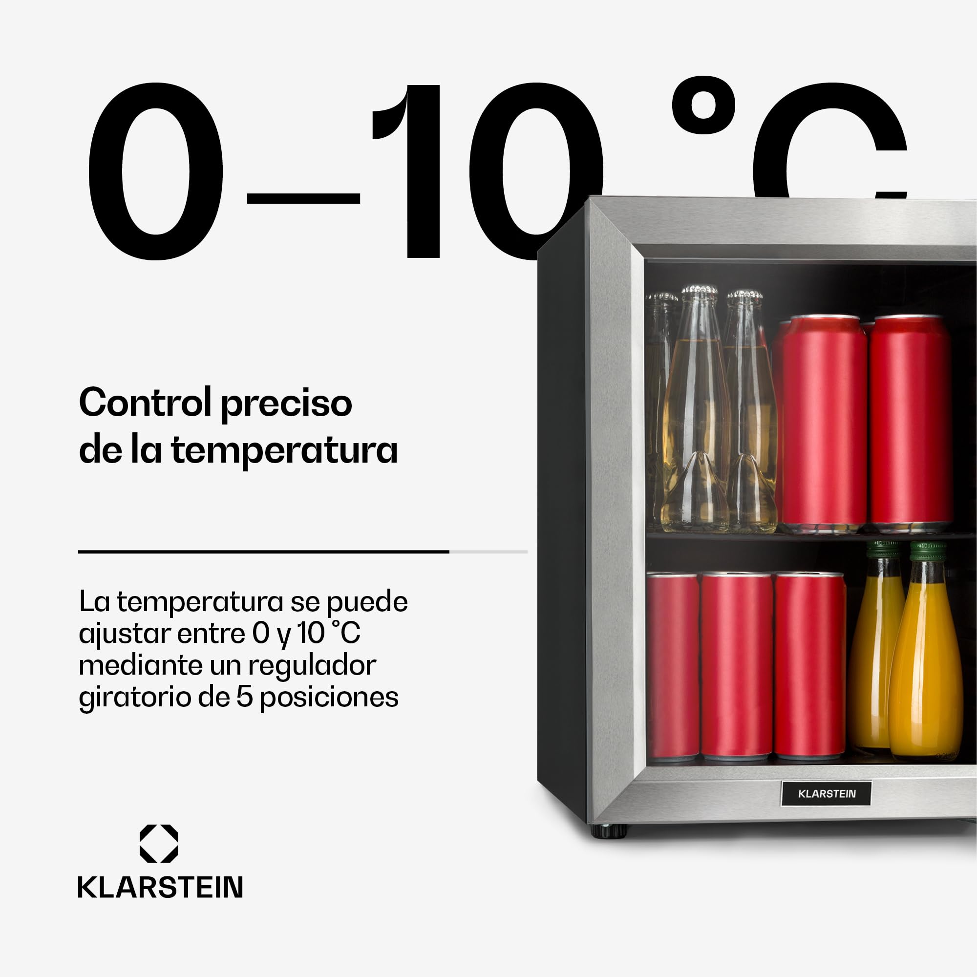 KLARSTEIN Minibar frigorífico para bebidas, Harlem, sistema de refrigeración por compresión, 23 L, 5 niveles de refrigeración: 0-10 °C, bajo nivel sonoro: 39 dB, 1 base de rejilla metálica, negro