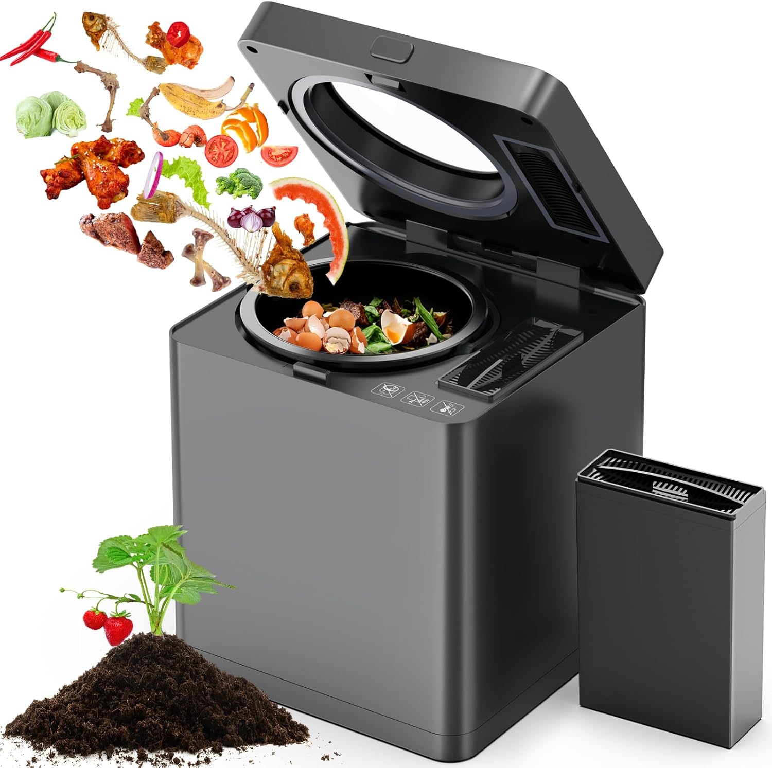 Electric Composter for Kitchen, 2.5L Smart Countertop Compost Bin, Odorless Indoor Food Waste Mill Composter with Auto-Cleaning Mode & LED Display, 4h/6h Fast Composting Machine