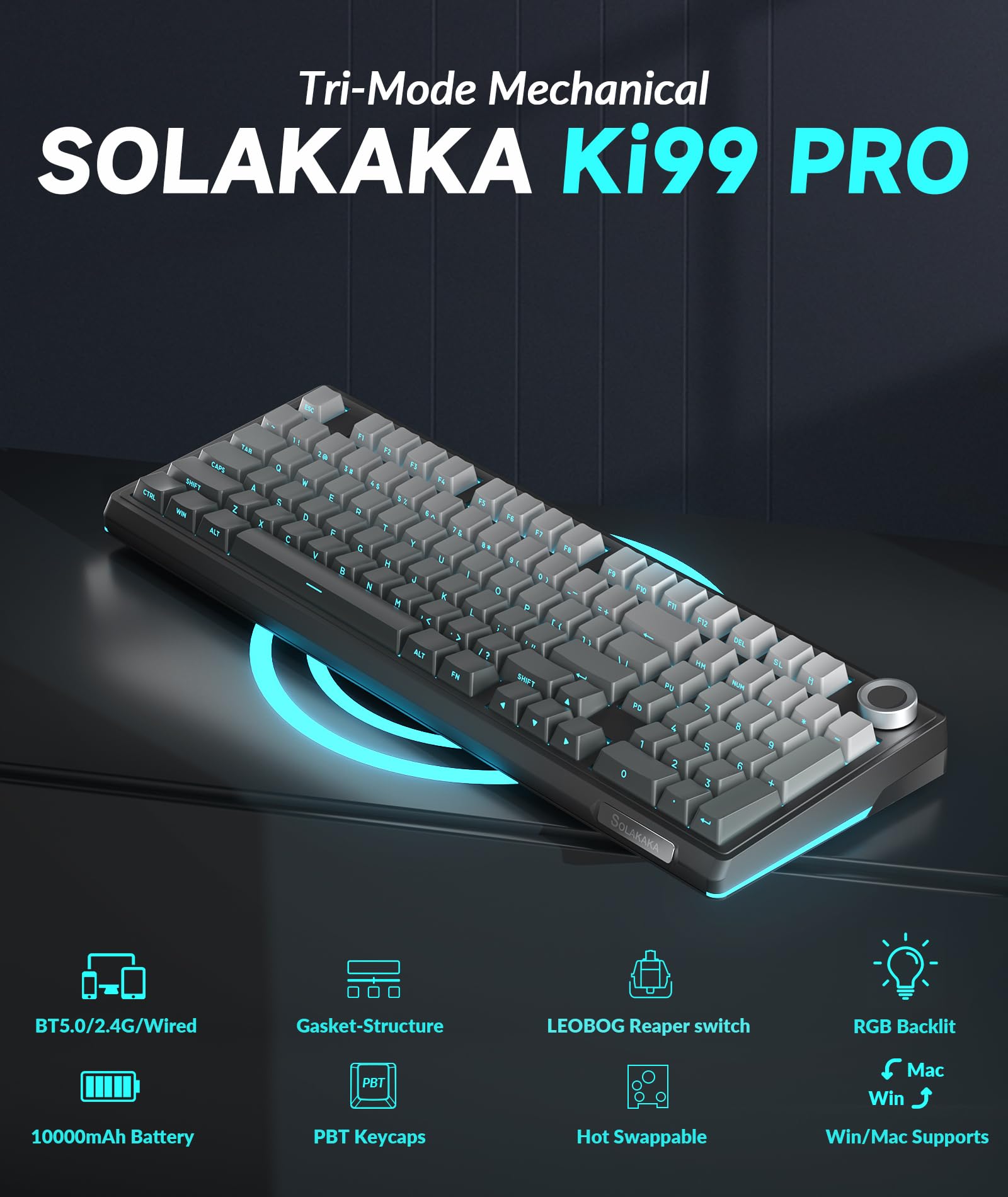 SOLAKAKA Teclado mecânico KI99 Pro 96% sem fio, teclado RGB para